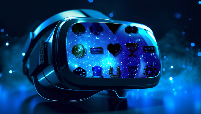 Un casco de realidad virtual con símbolos de tragamonedas de casino en el visor.